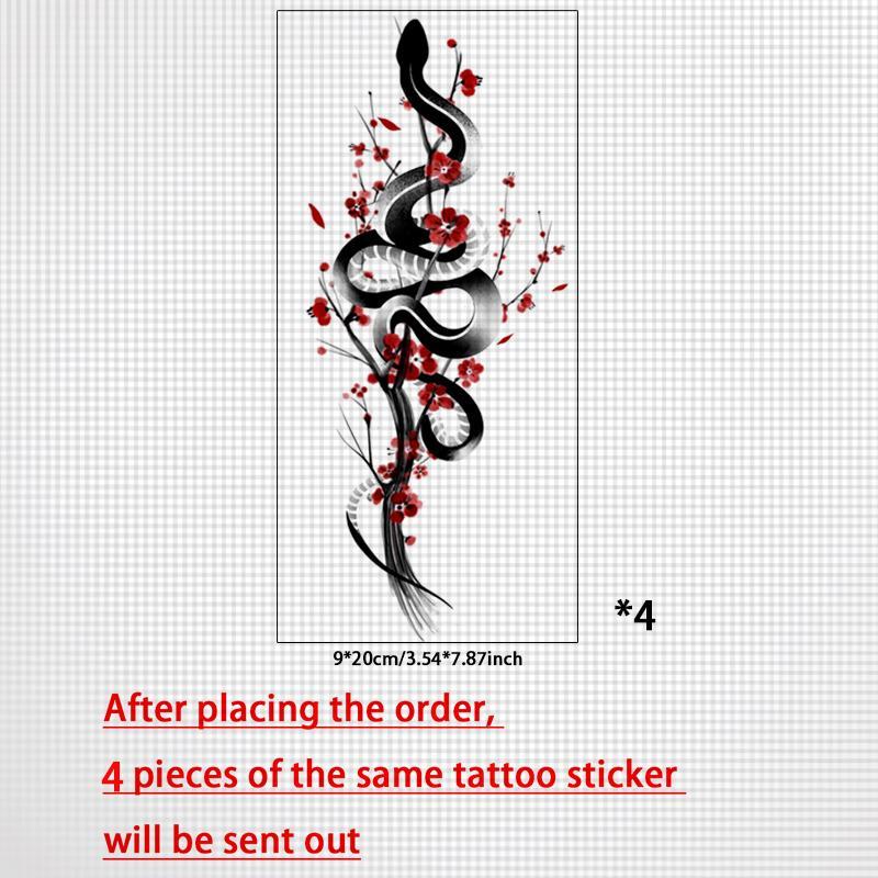 Snake and Plum Blossom Pattern Temporary Tattoo Sticker, 4 Counts set Waterproof Long Lasting Fake Tattoo Sticker, Body Art Sticker for Women & Men