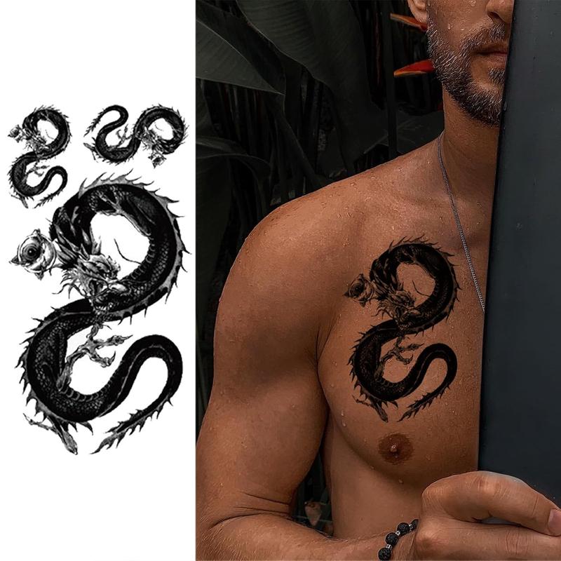 Cool Chinese Dragon Temporary Tattoo Men, Realistic Dragon Tribal 3D Scorpion Fake Tattoo Adult Boy Chest, Black Red Half Sleeve Temp Tatoo Sticker Teen Arm Art Makeup, 8-Sheet