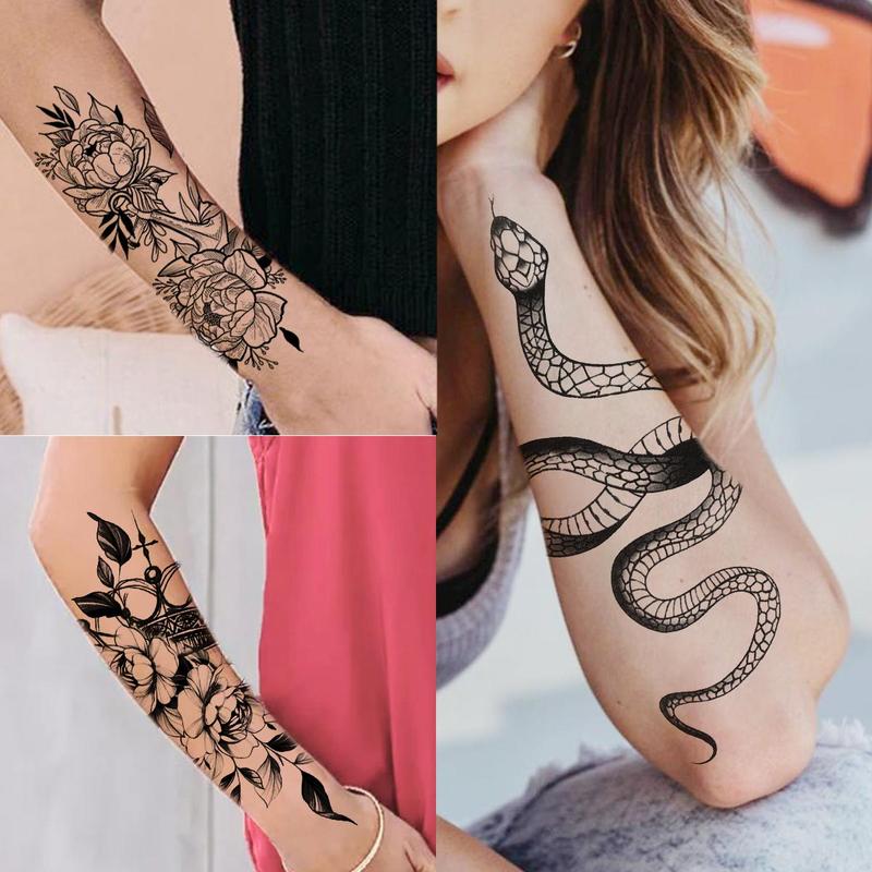 Mixed Style 3D Rose Flower & Snake Floral Sunflower Leaf Peony Fake Tattoo Sticker (59pcs), Black Realistic Temp Tatoos, Body Art Decoration For Women & Men