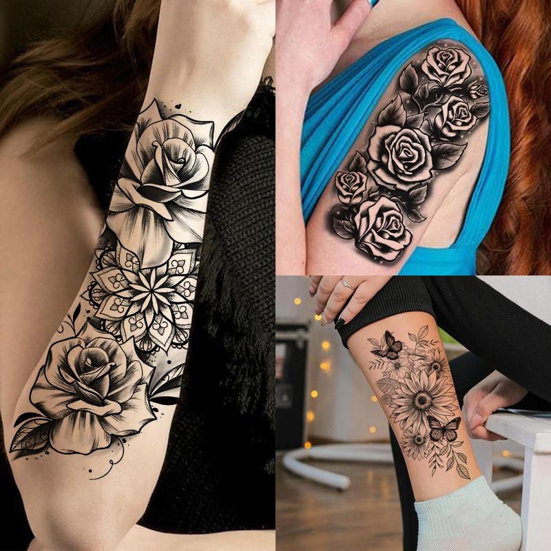 Mixed Style 3D Rose Flower & Snake Floral Sunflower Leaf Peony Fake Tattoo Sticker (59pcs), Black Realistic Temp Tatoos, Body Art Decoration For Women & Men