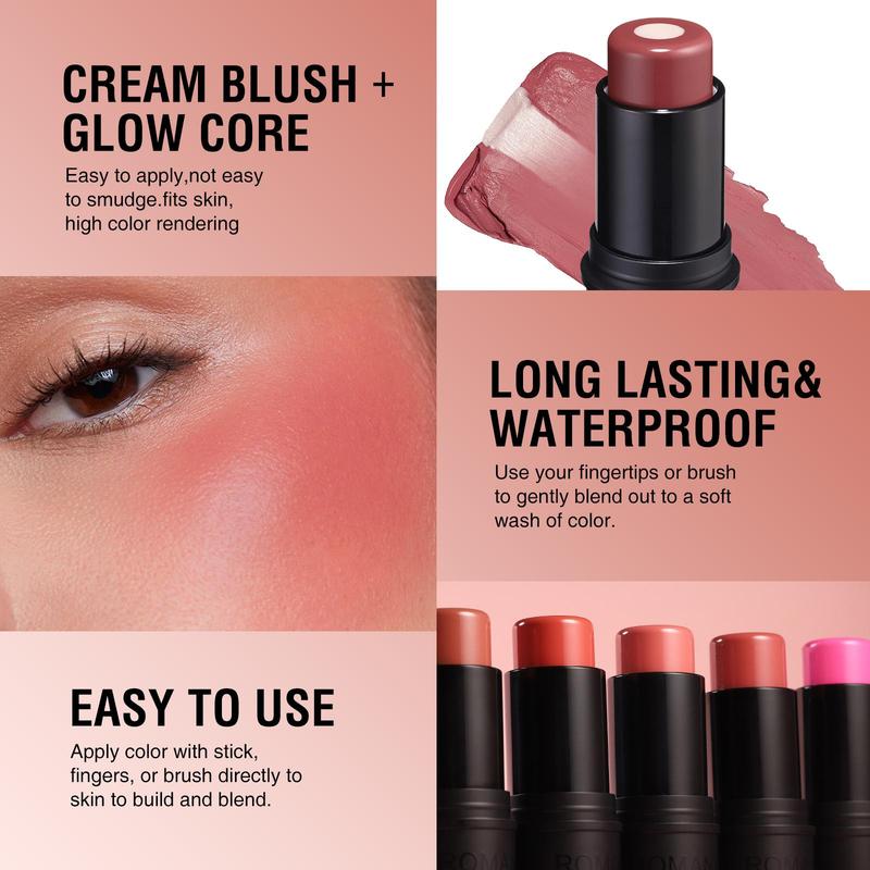 2 in 1 Matte & Luminous Core Solid Blush, Long Lasting Natural Brightening Blush Stick, Multifunctional Matte Blush Cream