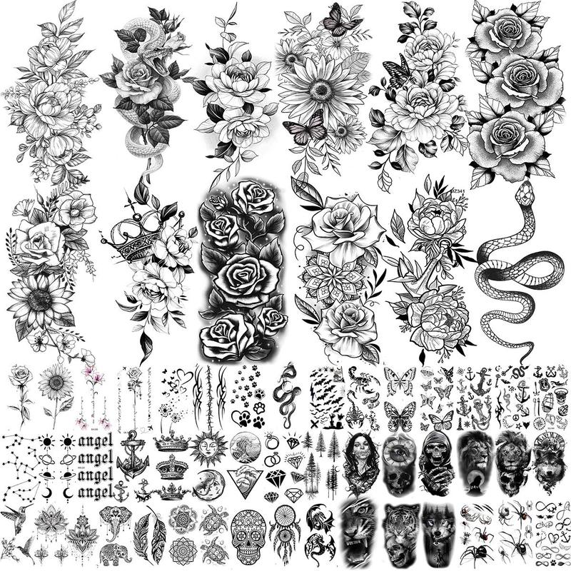 Mixed Style 3D Rose Flower & Snake Floral Sunflower Leaf Peony Fake Tattoo Sticker (59pcs), Black Realistic Temp Tatoos, Body Art Decoration For Women & Men