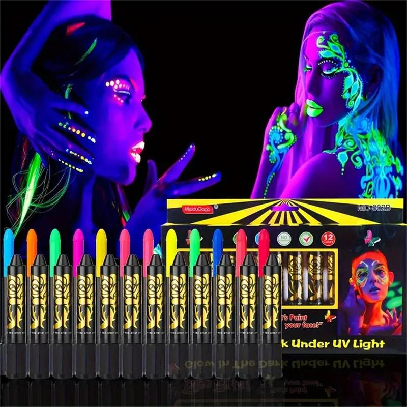 12 Colors Fluorescent Body Paint Marker Pen, 12pcs set UV Light Neon Face Body Paint Marker Pen, Body Makeup for Cosplay, Makeup Accessories