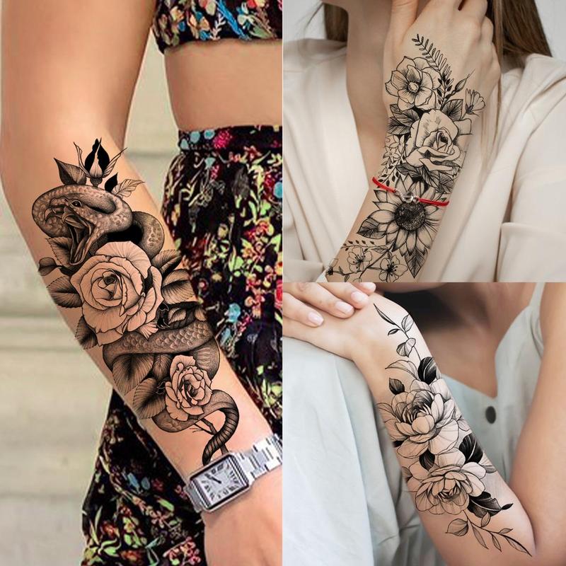 Mixed Style 3D Rose Flower & Snake Floral Sunflower Leaf Peony Fake Tattoo Sticker (59pcs), Black Realistic Temp Tatoos, Body Art Decoration For Women & Men