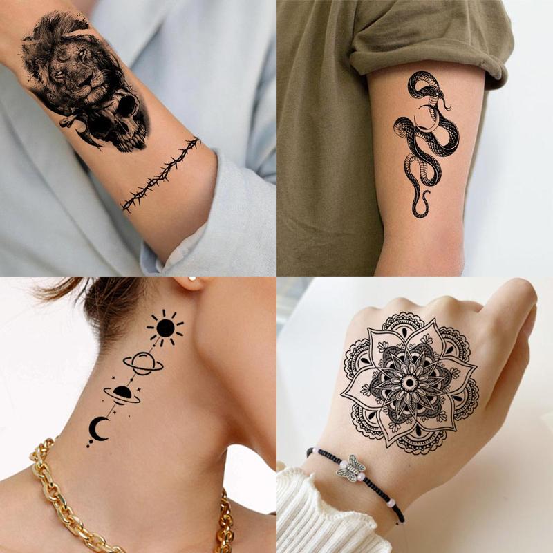 Mixed Style 3D Rose Flower & Snake Floral Sunflower Leaf Peony Fake Tattoo Sticker (59pcs), Black Realistic Temp Tatoos, Body Art Decoration For Women & Men