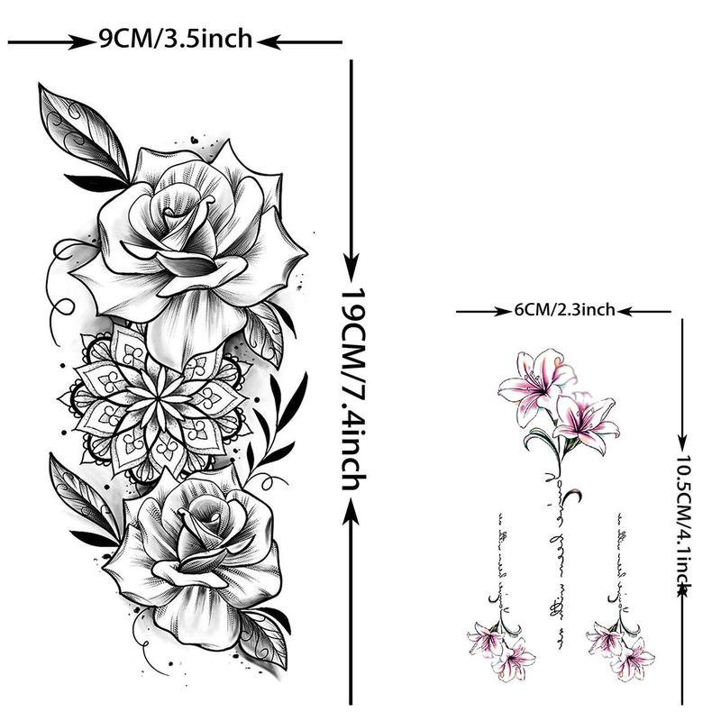 Mixed Style 3D Rose Flower & Snake Floral Sunflower Leaf Peony Fake Tattoo Sticker (59pcs), Black Realistic Temp Tatoos, Body Art Decoration For Women & Men