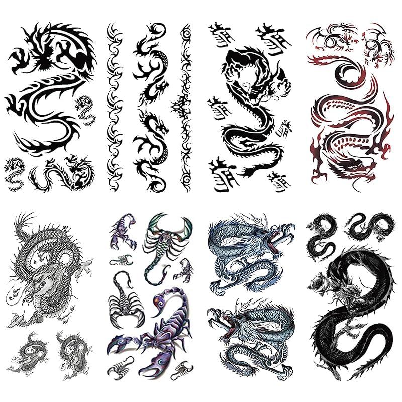 Cool Chinese Dragon Temporary Tattoo Men, Realistic Dragon Tribal 3D Scorpion Fake Tattoo Adult Boy Chest, Black Red Half Sleeve Temp Tatoo Sticker Teen Arm Art Makeup, 8-Sheet