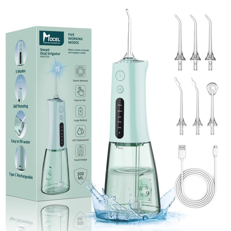 MOCEL Portabl Water Flosser Teeth Cleaner 5 Modes 6 tips Cordless Oral Irrigator and USB C Rechargeable IPX7 Waterproof tooth water pick for Home Travel Rechargeable Portable Rechargeable Portable