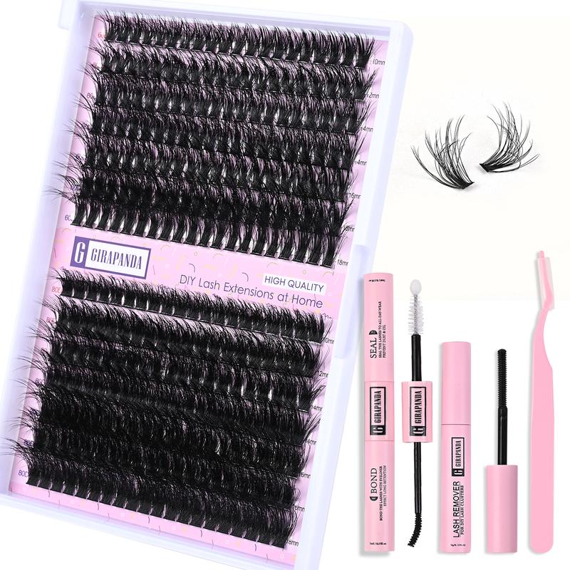 Girapanda 60D 80D Fluffy Lash Extension Kit, 30D 40D Cluster Eyelash Extension, 280PCS Cluster Eyelash Extensions with Lash Bond and Seal, Lash Remover, Lash Tweezers, 60D 80D Individual Lashes Wispy D Curl Mixed 10-18mm DIY Eyelash Extensions Kit