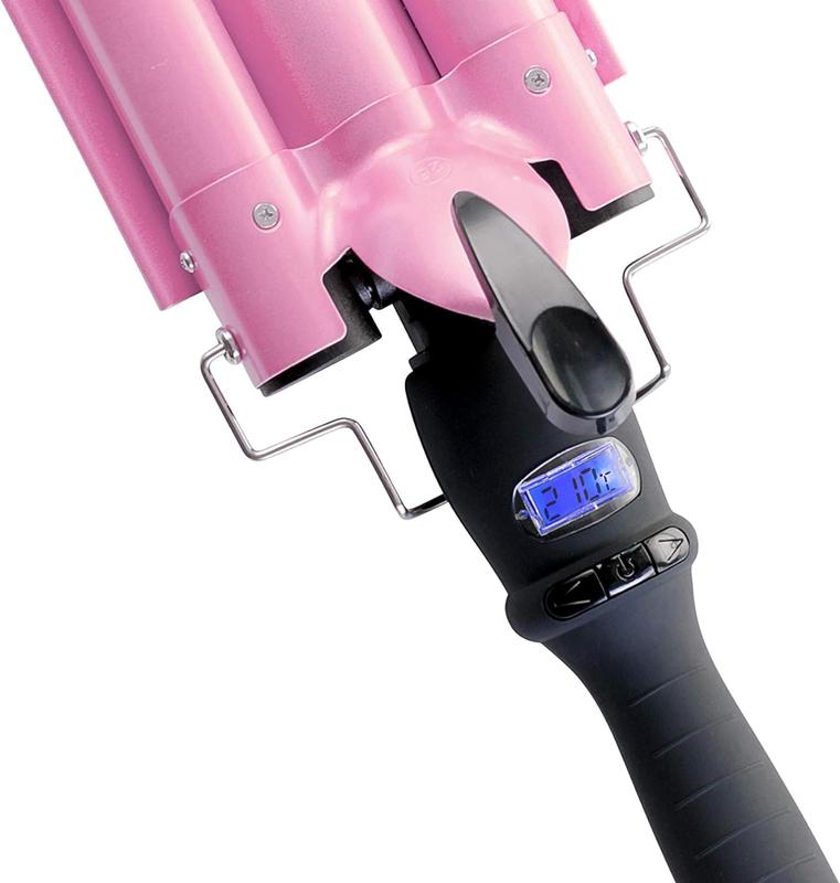 3-Barrel Curling Iron for Beachy Frizz-Free Waves with LCD Temperature Display - 1 Inch Ceramic Tourmaline Triple Barrel, Dual Voltage Crimping Tool