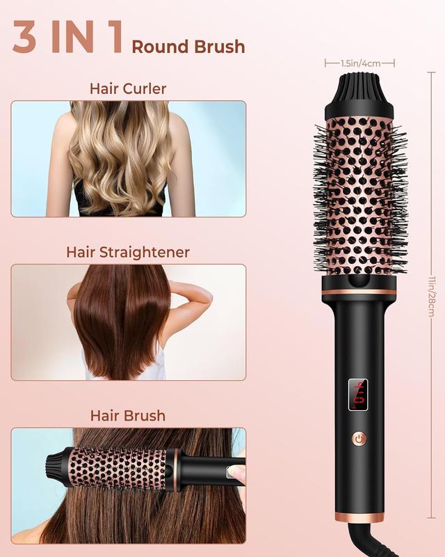 1.5 in Thermal Brush, 10 Temps LCD Display Up to 410°F Curling Brush Curling Iron Heated Curling Brush, Double PTC Ceramic Tourmaline Ionic Volumizing Brush, 110-240V Travel Curling Iron Curling Comb