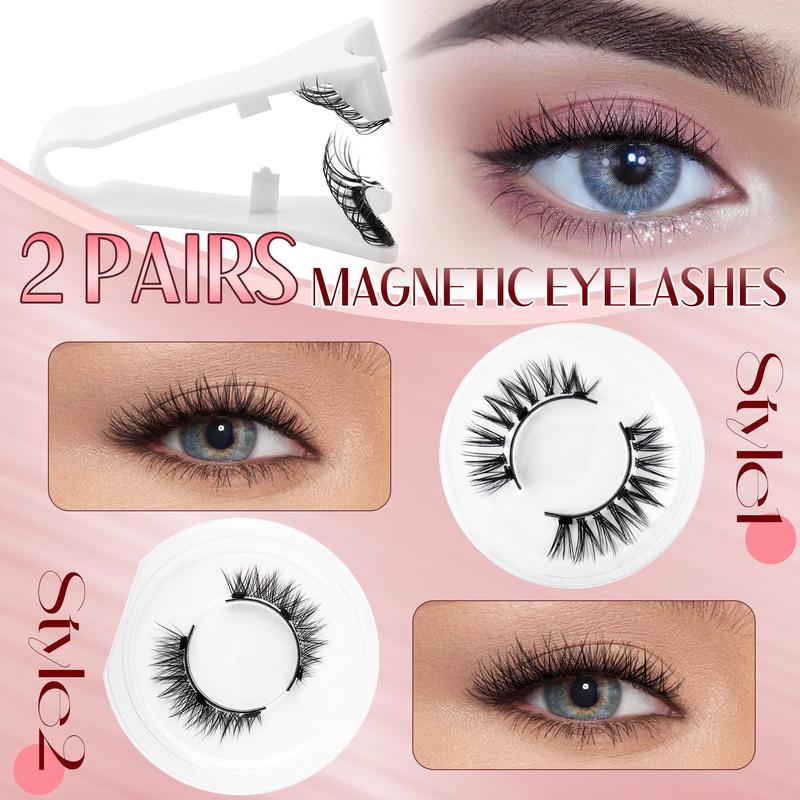 Magnetic Eyelashes Natural False Eyelashes No Glue Needed Magnetic Eyeashes with Applicator and Mirror Strip Eye Lashes 2 Pair Cat Eye Magnetic Lashes Reusable Magnetic Lash Extension Kit