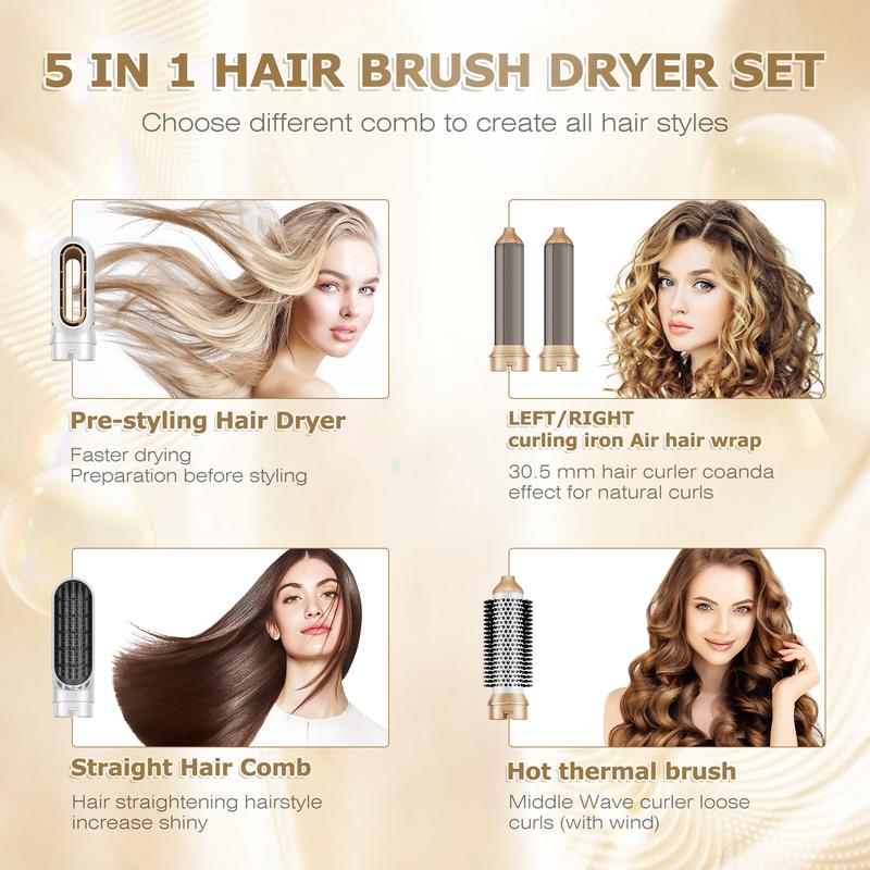 5 in 1 Hair dryer Hot Air Brush Styling Tool Summer Powerful Soft hair care -Curling iron set Hair dryer system with hair measure Hair dryer brush, smoothing brush, curling brush - Hair curler Shaper - Intelligent thermal control, detachable multi shaper