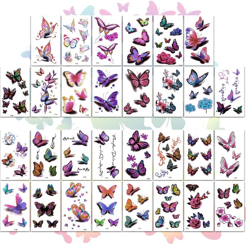 3D Butterfly and Flowers Temporary Sticker Tattoos, Colorful Body Art Tattoos for Women, 126 pcs Olive