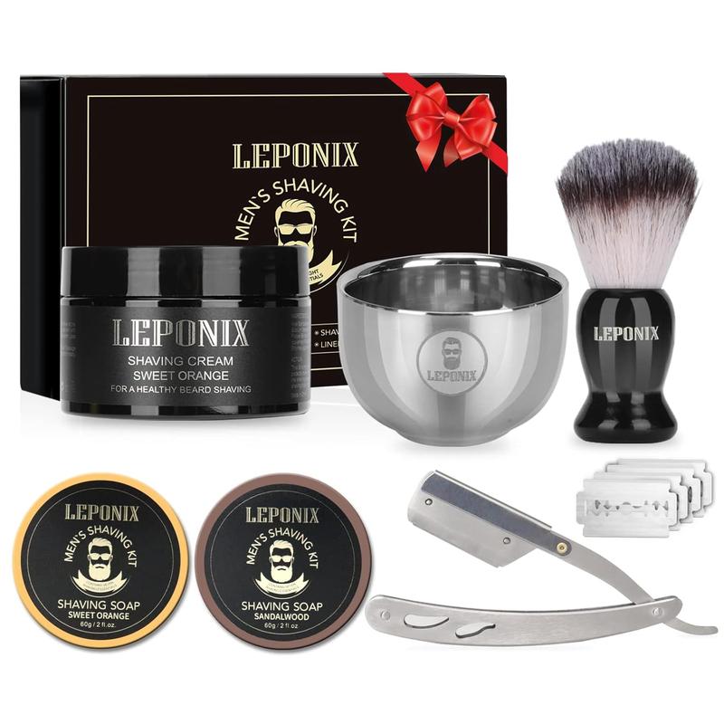 Straight Razor Shaving Kit - Your Manly Gift Choice! Includes 2 packs shaving soap, straight edge razor, shaving cream, shaving brush and shaving bowl. Shaving unique gifts set stocking stuffers for men, him, dad. Sweat orange.