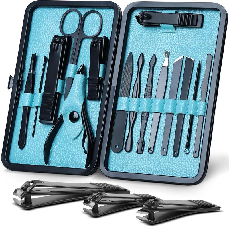 Manicure Kit Nail Clippers for Men and Women, 15 Piece Professional Stainless Steel Manicure Set with Nail Kit, Pedicure Kit and Nail Care Grooming Kit with Luxurious Travel Case - Black