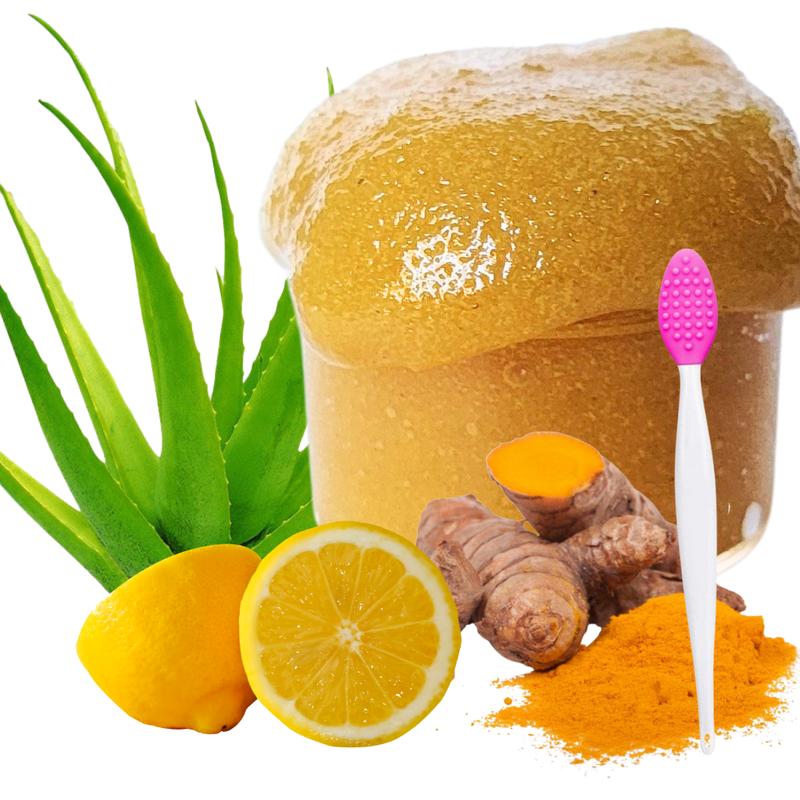 Lip Scrub Kit, Brightening Turmeric Lip Scrub and Lip Scrubber Tool, Lighter Brighter Lips, Turmeric Lemon Honey Lip Scrub Kit, Brighten Smokers Lips, dead skin remover, lip softener, even skin tone, Lip Brightener Skincare Aloe Jojoba Moisturiz