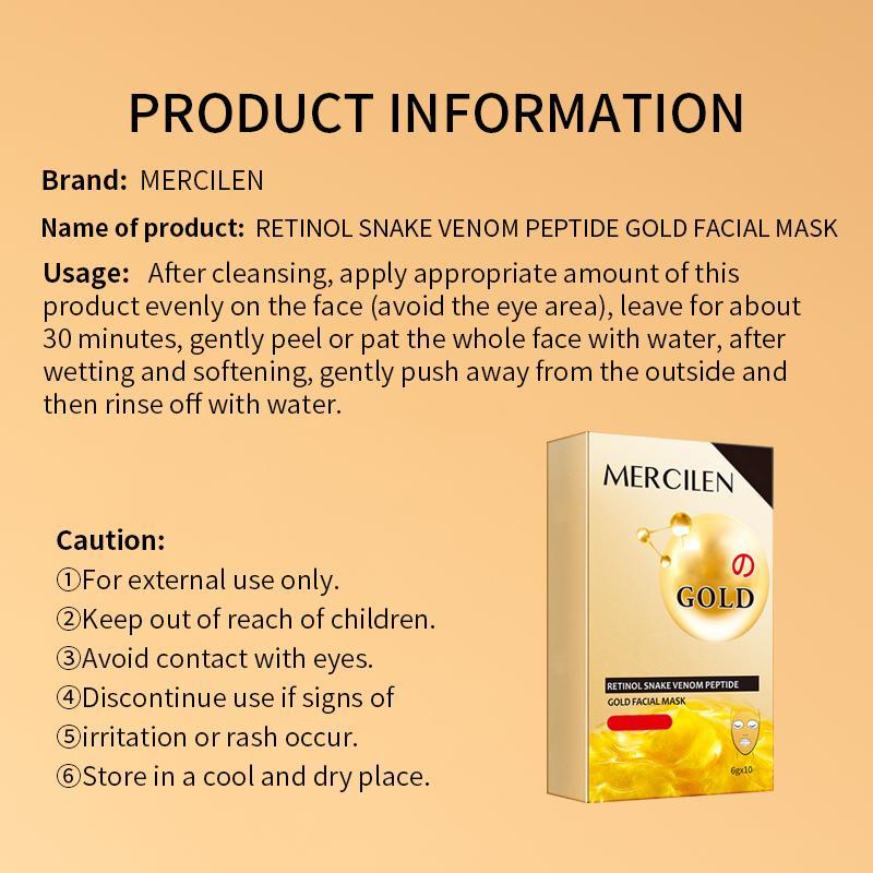 Retinol Snake Venom Peptide Gold Mask, 10pcs box Deep Moisturizing & Smoothing Skin Mask, Hydrating Facial Mask for All Skin Types