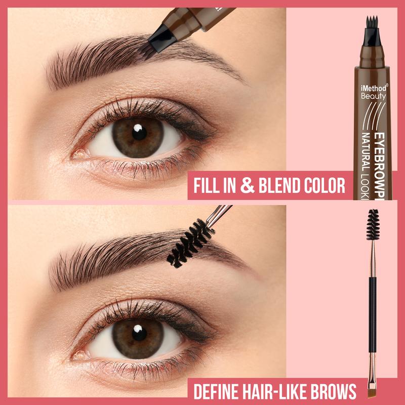 iMethod Microblading Eyebrow Pen - Natural Brow Pen, Eyebrow Pencil Magical Upgraded Eye Brow Pencils for Women with 4 Fork Tip & Spoolie Brush for Natural-Looking Hair-Like Defined Brows, Last All-Day