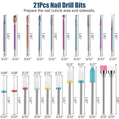 21pcs Nail Drill Bits Sets, 3 32 Inch Diamond Cuticle Electric File and Ceramic Acrylic Gel Nail Bit Kit, Acrylic Art Tools Nail Care Compact