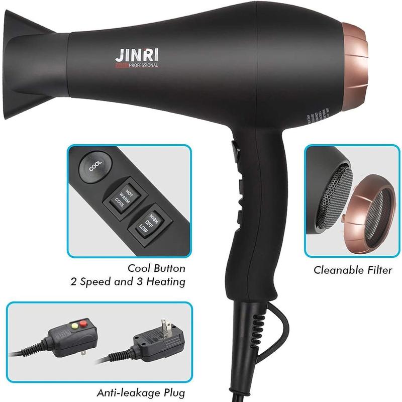 JINRI Infrared Hair Dryer, Professional Salon Negative Ionic Blow Dryers for Fast Drying, Pro Ion Quiet Hairdryer with Diffuser & Concentrator & Comb Black Gold