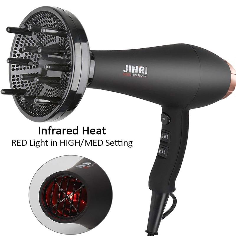 JINRI Infrared Hair Dryer, Professional Salon Negative Ionic Blow Dryers for Fast Drying, Pro Ion Quiet Hairdryer with Diffuser & Concentrator & Comb Black Gold