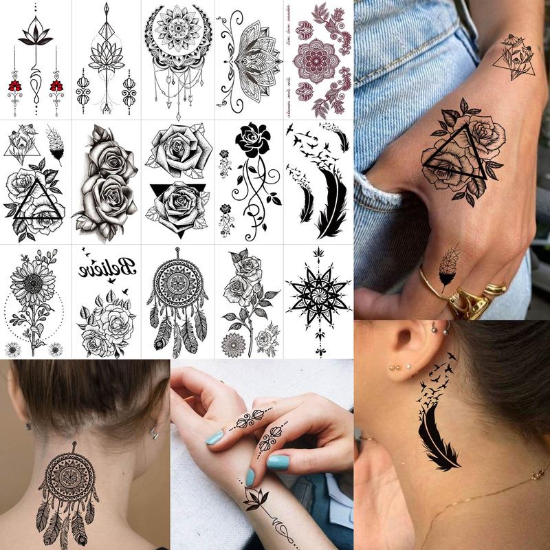 Vintage Flower Pattern Temporary Tattoo Sticker, 15 Sheets Waterproof Fake Tattoo Sticker, Body Art Makeup for Women & Girls