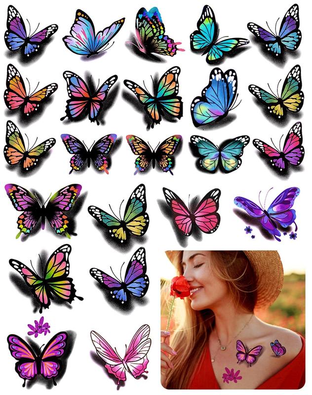 3D Butterfly and Flowers Temporary Sticker Tattoos, Colorful Body Art Tattoos for Women, 126 pcs Olive