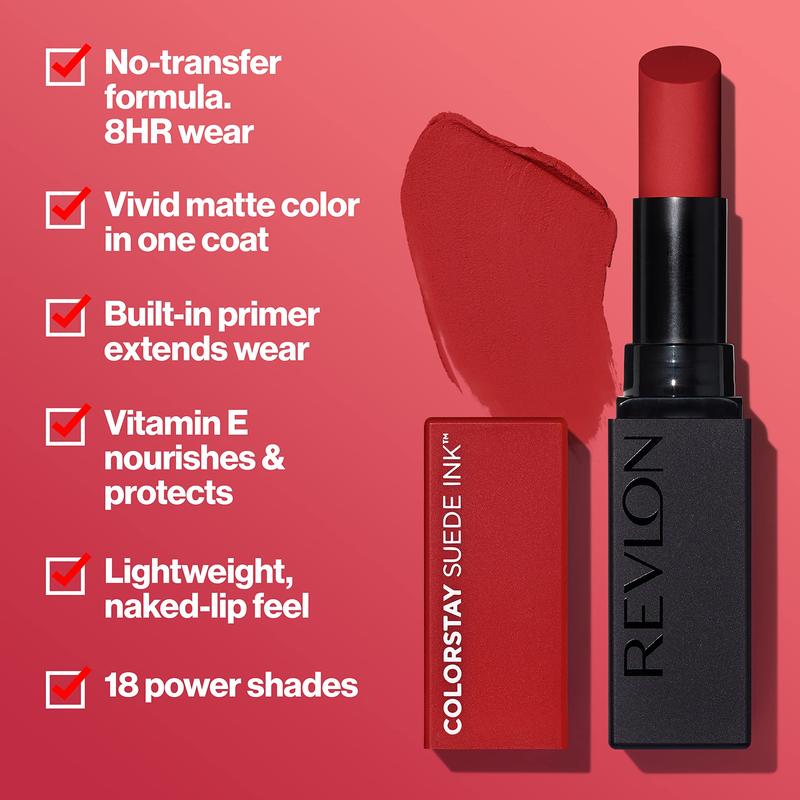 REVLON Lipstick, ColorStay Suede Ink, Built-in Primer, Infused with Vitamin E, Waterproof, Smudge-proof, Matte Color, 003 Want It All, 0.09 oz.