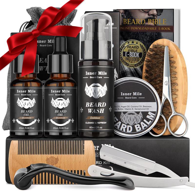 Beard Kit for Men, Isner Mile Beard Wash Kit, Perfect Christmas Father's Day Gifts for Him Man Dad Father Boyfriend, Beard Gift Kit, Grooming & Trimming Tool Complete Set with Shampoo Wash, Beard Care Oil, Balm, Brush, Comb, Scissors & Storage Bag