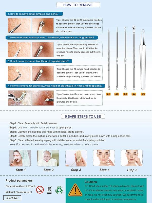 5PCS Blackhead Remover Comedone Extractor, Curved Blackhead Tweezers Kit, Pimple Acne Blemish Removal Tools Kit. ear blackhead removal products