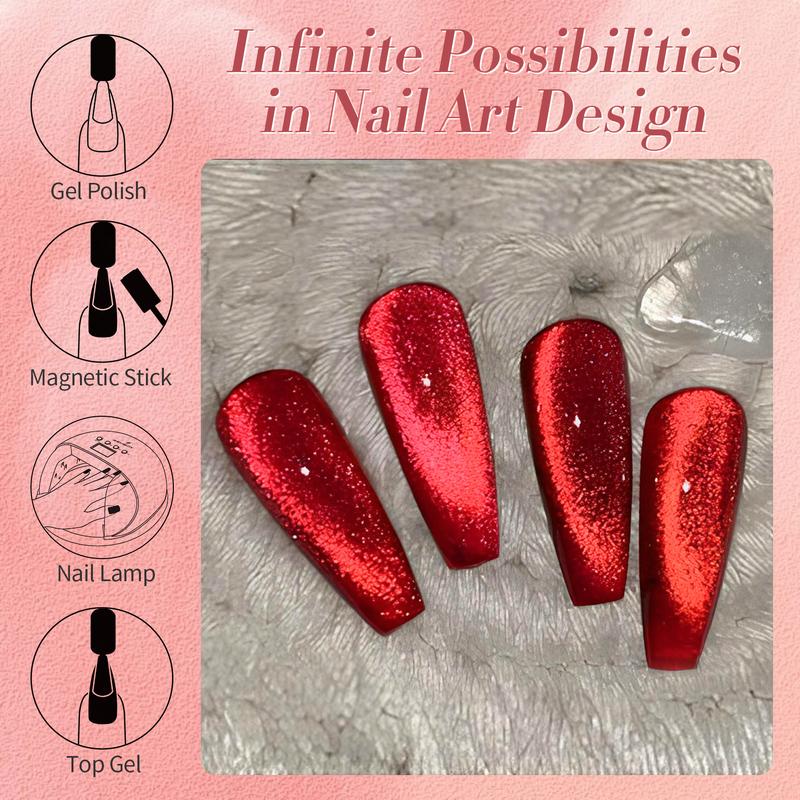 BORN PRETTY Ruby Cat Magnetic Eye Gel Nail Polish Red Holographic Glitter Shiny Crystal Cat Eye Gel Polish Salon Style DIY at Home 15ml Nail Care