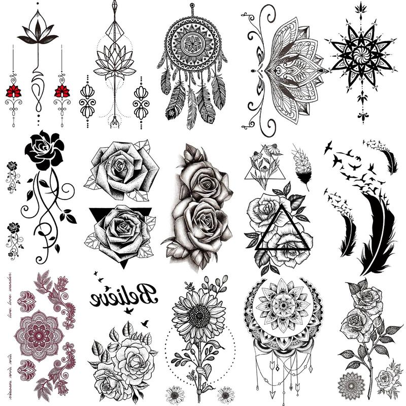 Vintage Flower Pattern Temporary Tattoo Sticker, 15 Sheets Waterproof Fake Tattoo Sticker, Body Art Makeup for Women & Girls