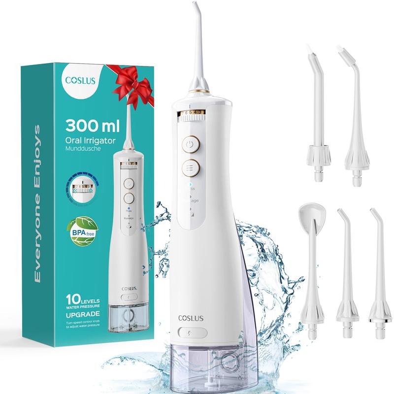 COSLUS Water Dental Flosser - 10 Pressure Levels with Dual Modes, 300ML Tank, Dual-Thread Nozzles, IPX7 Waterproof Personal Oral Care, Ergonomic Design for Travel & Home