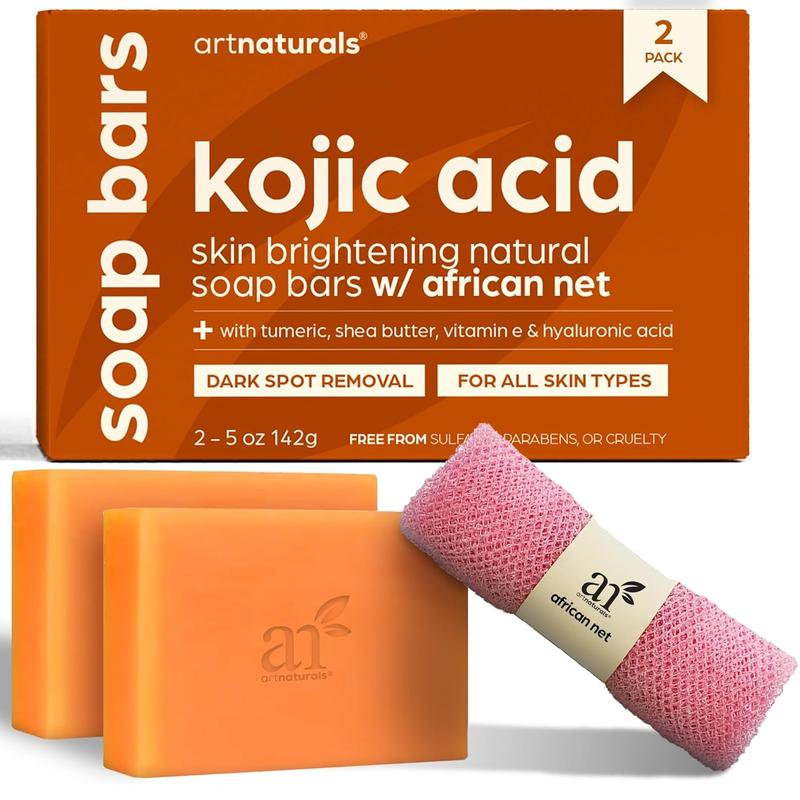 Kojic Acid Soap + African Net Sponge (2 pack X 142g Turmeric bars) Dark spot remover, Hyperpigmentation & Scars - Original Japanese Complex Shea Butter, Vitamin C, Hyaluronic Acid, Retinol, Shea Butter Body Care Body Wash Vegan Skin Care Cleansing