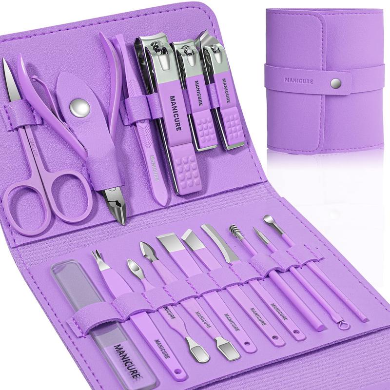 Manicure Set Professional Nail Clippers Pedicure Kit, 16 pcs Stainless Steel Nail Care Tools Grooming Kit with Luxurious Travel Leather Case for Thick Nails Men Women  summer Gift (Violet)