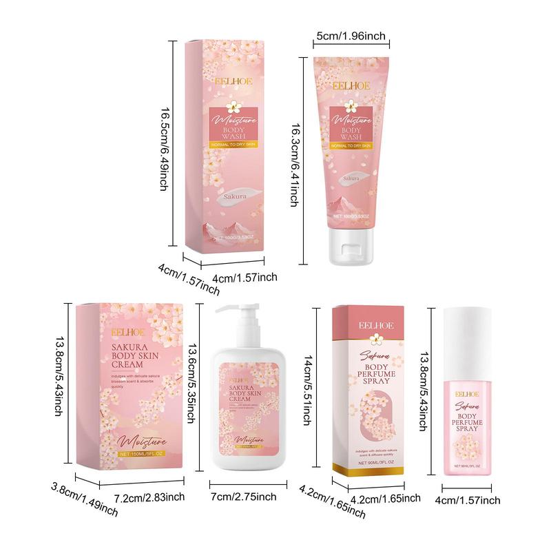 Sakura Body Care Set, 1 Set Moisturizing Body Wash & Body Perfume Spray & Body Cream, Hydrating Body Care Kit for Women & Girls