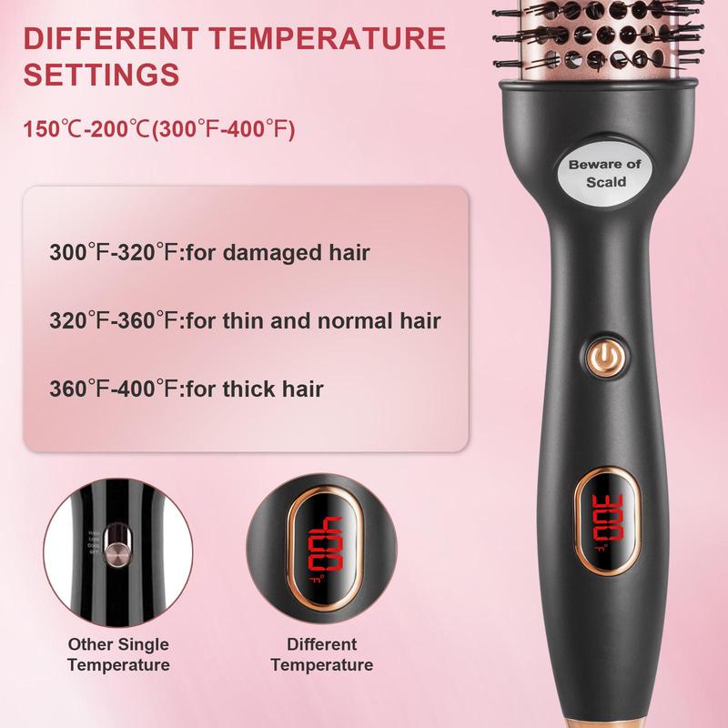 3 in 1 round Hair Brush with 2 Hair Clips, 1 Set Quick Heating Curling Iron Brush with LCD Temperature Display, Multi-use Hair Styling Tool