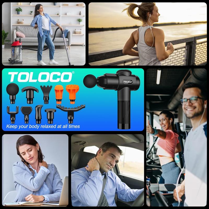 TOLOCO Massage Gun Deep Tissue, Back Massage Gun for Athletes for Pain Relief, Percussion Massager with 10 Massages Heads & Silent Brushless Motor, Christmas Gifts for Men&Women, Black.