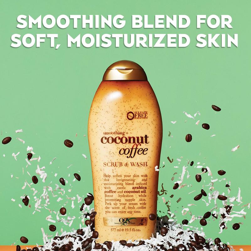 OGX Smoothing + Coconut Coffee Exfoliating Body Scrub with Arabica Coffee & Coconut Oil, Moisturizing Body Wash for Dry Skin, Paraben-Free with Sulfate-Free Surfactants, 19.5 Fl Oz Body Care Hydrating Skin Care Blend