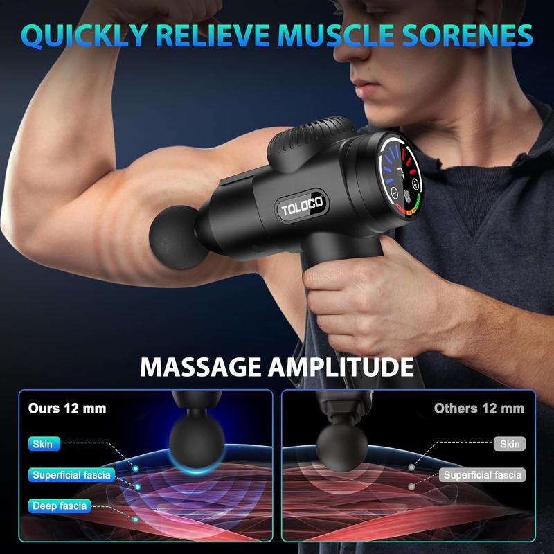 TOLOCO Massage Gun Deep Tissue, Back Massage Gun for Athletes for Pain Relief, Percussion Massager with 10 Massages Heads & Silent Brushless Motor, Christmas Gifts for Men&Women, Black.