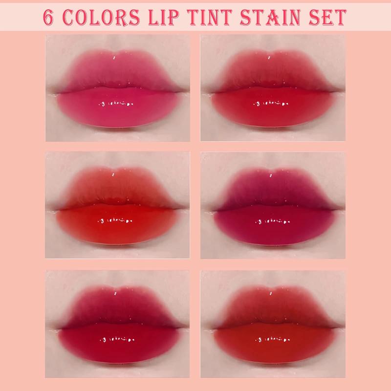 6 Colors Lip Stain Tint Set, Korean Lip Gloss Watery, Multi-use Lip & Cheek Tint Moisturizing Mini Liquid Lipstick,Long-lasting Waterproof Non-Sticky Cup High Pigment Lip Makeup