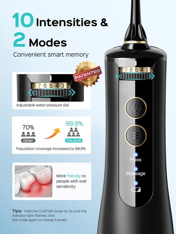 COSLUS Water Dental Flosser - 10 Pressure Levels with Dual Modes, 300ML Tank, Dual-Thread Nozzles, IPX7 Waterproof Personal Oral Care, Ergonomic Design for Travel & Home