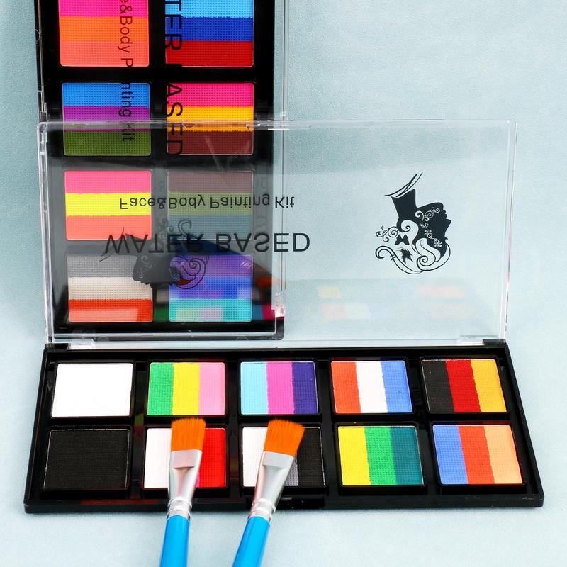 10 Color Face Paint Palette with 1 Count Brush, Water Soluble Body Paint Palette, Body Makeup Kit for Cosplay, Halloween, Party