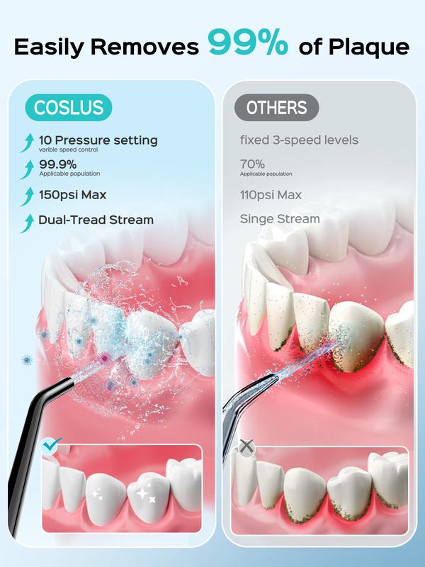 COSLUS Water Dental Flosser - 10 Pressure Levels with Dual Modes, 300ML Tank, Dual-Thread Nozzles, IPX7 Waterproof Personal Oral Care, Ergonomic Design for Travel & Home