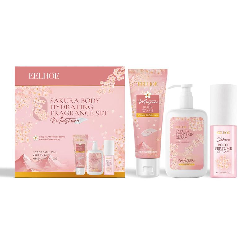 Sakura Body Care Set, 1 Set Moisturizing Body Wash & Body Perfume Spray & Body Cream, Hydrating Body Care Kit for Women & Girls