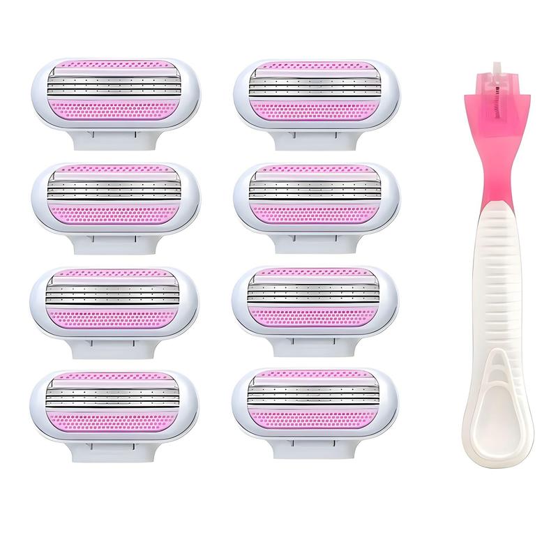 Manual Hair Removal Tool, 1 Count Razor Handle and 8 Counts 3-layer Blades Set, Bikini Manual Hair Remover Safety Razor