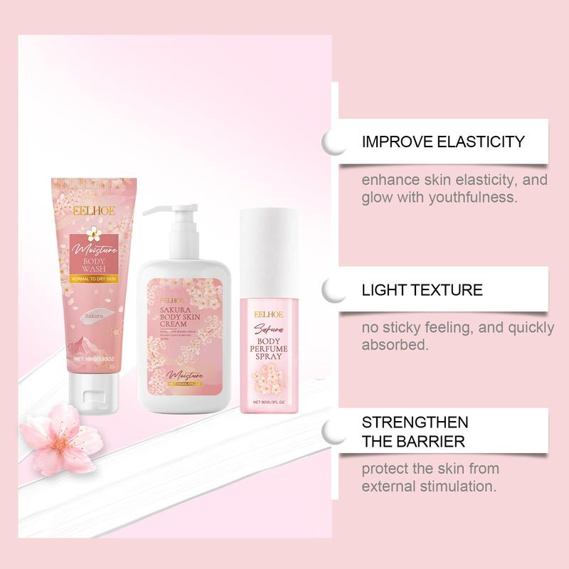 Sakura Body Care Set, 1 Set Moisturizing Body Wash & Body Perfume Spray & Body Cream, Hydrating Body Care Kit for Women & Girls