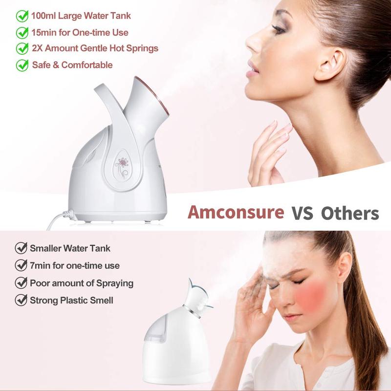 Amconsure Facial Steamer, Nano Ionic Face Steamer for Home Facial, 100ML Warm Mist Humidifier for Women Moisturizing Face Spa Steamer Comfort Moisturizer