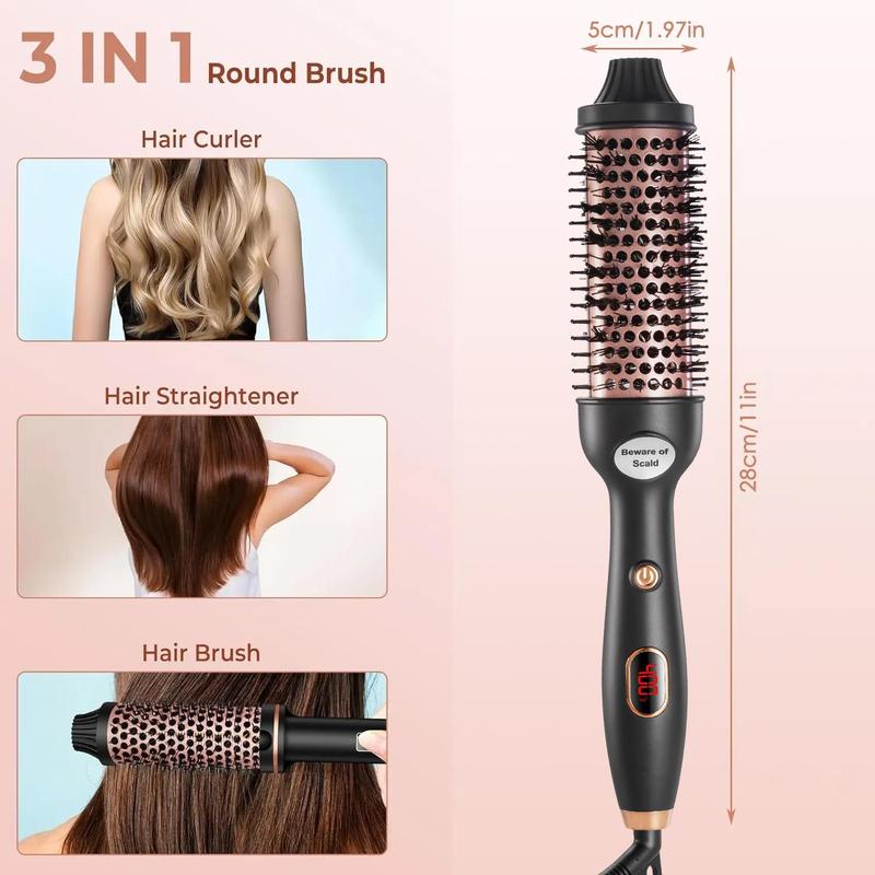 3 in 1 round Hair Brush with 2 Hair Clips, 1 Set Quick Heating Curling Iron Brush with LCD Temperature Display, Multi-use Hair Styling Tool